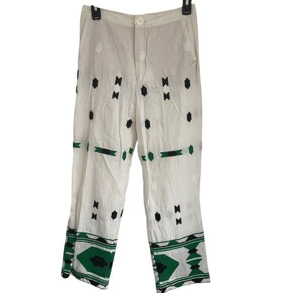 Zara Embroidered Linen Blend Pants White Green Aztec Design Pocket Blogger Fav S - Picture 2 of 16
